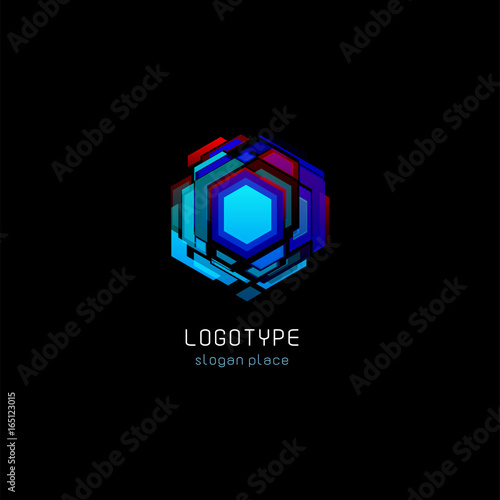 Futuristic reactor abstract colorful vector logo template. Innovative technologies digital design effect logotype on black background