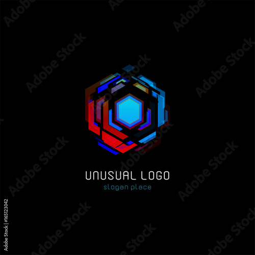 Futuristic reactor abstract colorful vector logo template. Innovative technologies digital design effect logotype on black background