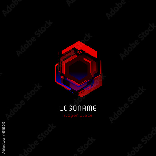 Futuristic reactor abstract colorful vector logo template. Innovative technologies digital design effect logotype on black background