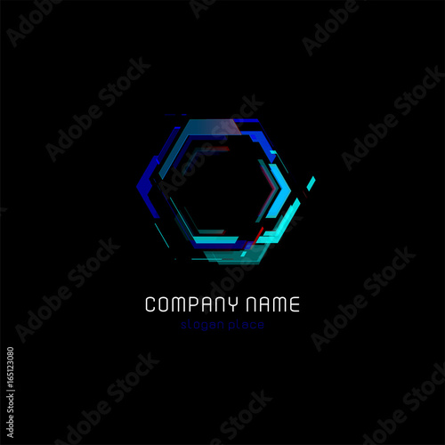 Futuristic reactor abstract colorful vector logo template. Innovative technologies digital design effect logotype on black background