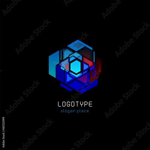 Futuristic reactor abstract colorful vector logo template. Innovative technologies digital design effect logotype on black background