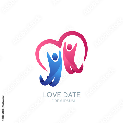 Abstract happy people and heart. Vector logo design template. Man and woman, family or couple illustration. Love and dating concept.