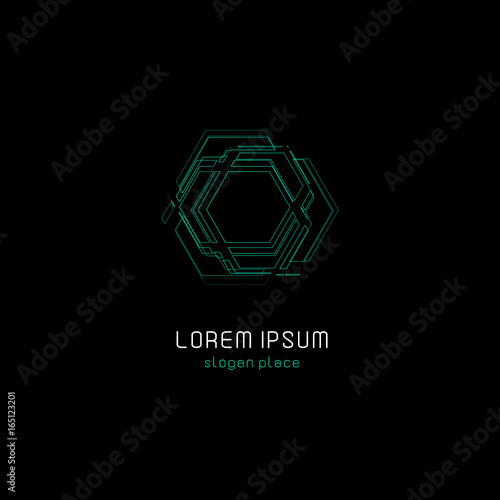 Outline contour abstract technology vector logo, unusual isolated monoline logotype, cosmic tech design template element on dark black background, cosmos space.