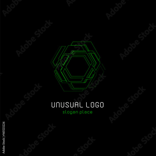 Outline contour abstract technology vector logo, unusual isolated monoline logotype, cosmic tech design template element on dark black background, cosmos space.