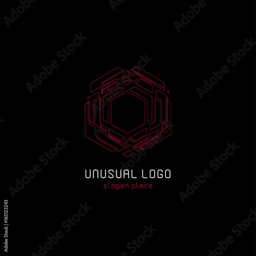 Outline contour abstract technology vector logo, unusual isolated monoline logotype, cosmic tech design template element on dark black background, cosmos space.