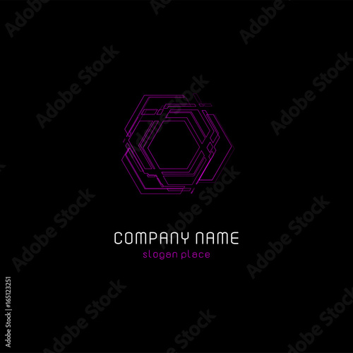 Outline contour abstract technology vector logo, unusual isolated monoline logotype, cosmic tech design template element on dark black background, cosmos space.