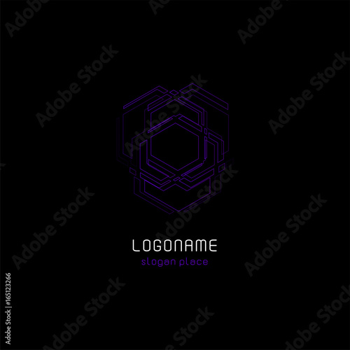 Outline contour abstract technology vector logo, unusual isolated monoline logotype, cosmic tech design template element on dark black background, cosmos space.