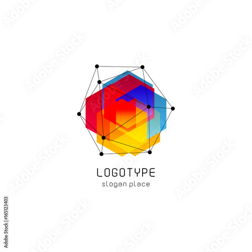 Bright colorful abstract poly construction logotype, unusual innovate design logo template, isolated polygon shape, spiderweb from black lines with dots on corners, illustration on white background