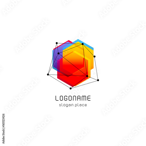 Bright colorful abstract poly construction logotype, unusual innovate design logo template, isolated polygon shape, spiderweb from black lines with dots on corners, illustration on white background