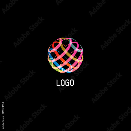 Colorful circle abstract line art vector logo on black background.