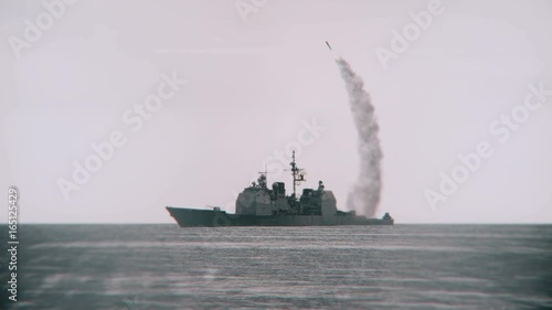 3D animation of a naval vessel firing a missile.
