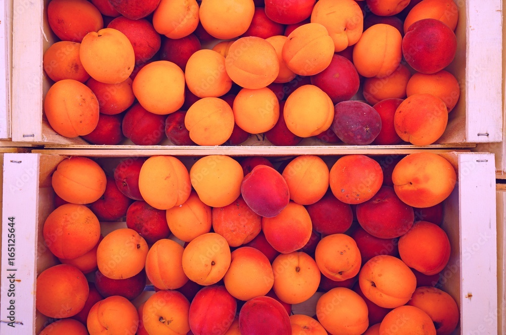 Ripe orange apricots in bulk at a farmers market