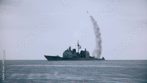 3D animation of a naval vessel firing a missile.