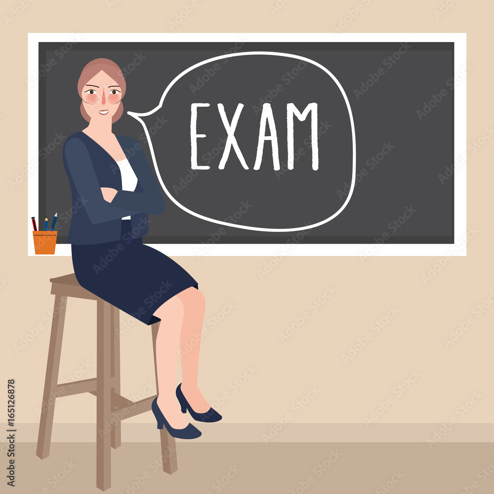 teacher sitting in front of class writing exam in blackboard teacher sitting in front of class writing exam in blackboard