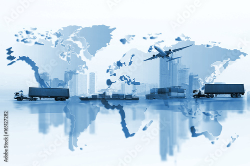 Wallpaper Mural Shipping, delivery car, ship, plane transport on a background map of the world.  Delivery Global business of Container Cargo freight train for logistic import export, Business logistics concept Torontodigital.ca