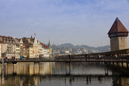 View of Chapel Bridge and lake, Lucerne Switzerland