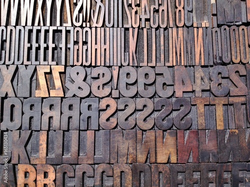 Vintage wooden printing letter blocks in various typefaces.