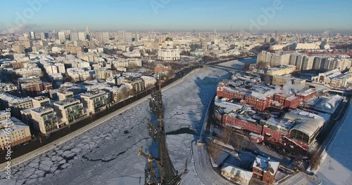 Aerial view on the frozen Moscow River whit Peter 1 and the Cathedral of Christ 4K DCI photo