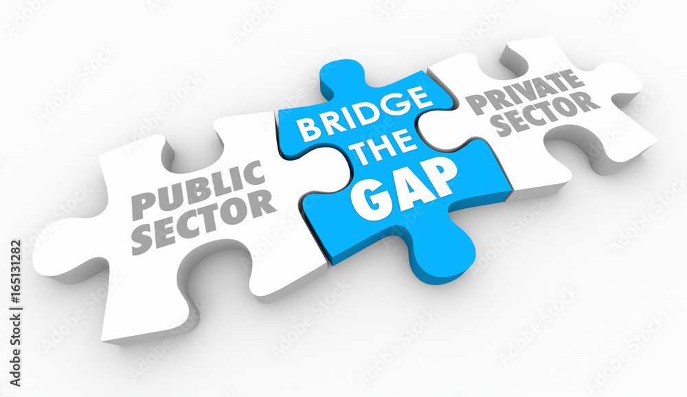 Fototapeta premium Bridge Gap Between Public Private Sectors Puzzle Pieces 3d Illustration