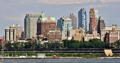 The skyline of Brooklyn Heights from the East River in New York City