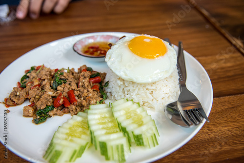 Stir Fried Pork with Basil and Eggs with Fish Sauce and chili