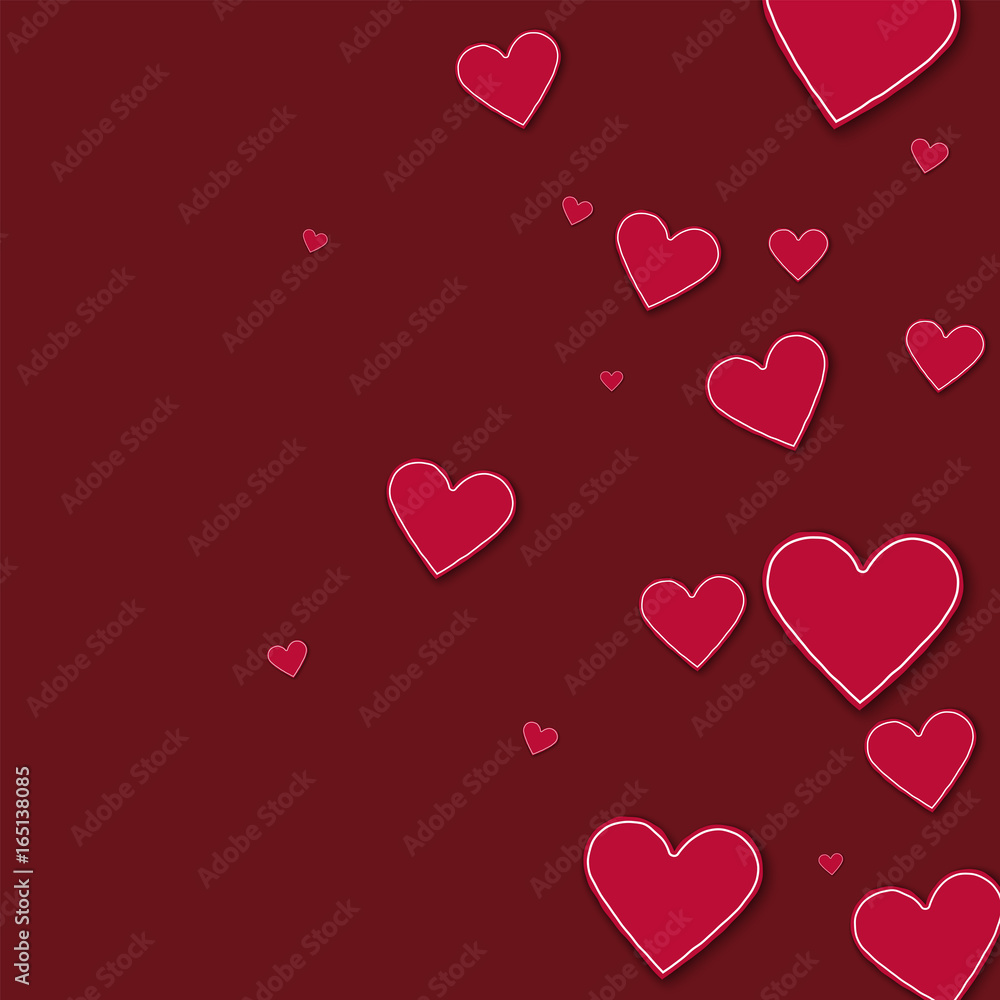 Random red paper hearts. Right gradient on wine red background. Vector illustration.