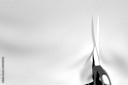 Tailoring concept of scissors cutting a white cloth background, 3D rendering