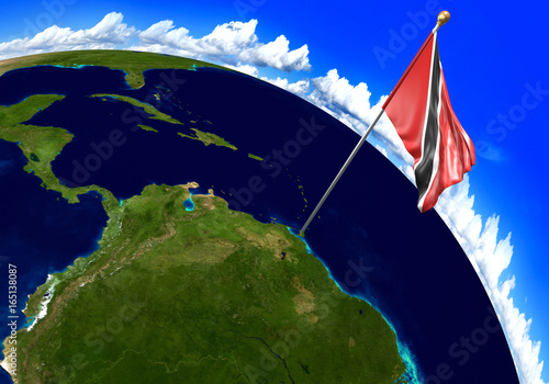 Trinidad and Tobago national flag marking the country location on world map. 3D rendering, parts of this image furnished by NASA photo