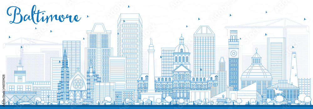 Outline Baltimore Skyline with Blue Buildings.