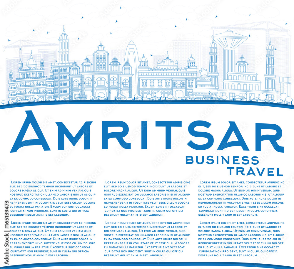 Outline Amritsar Skyline with Blue Buildings and Copy Space.