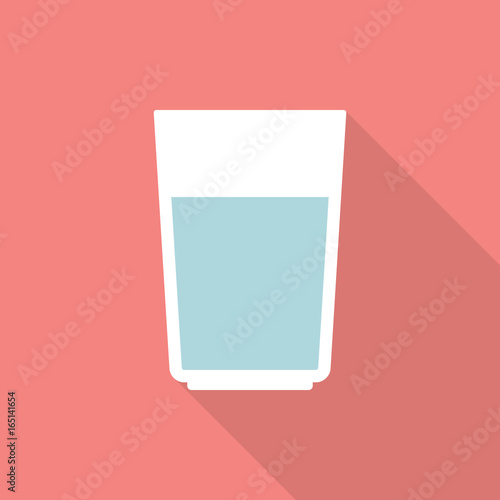 Glass of water icon with long shadow on pink background, flat design style. Vector illustration eps 10.