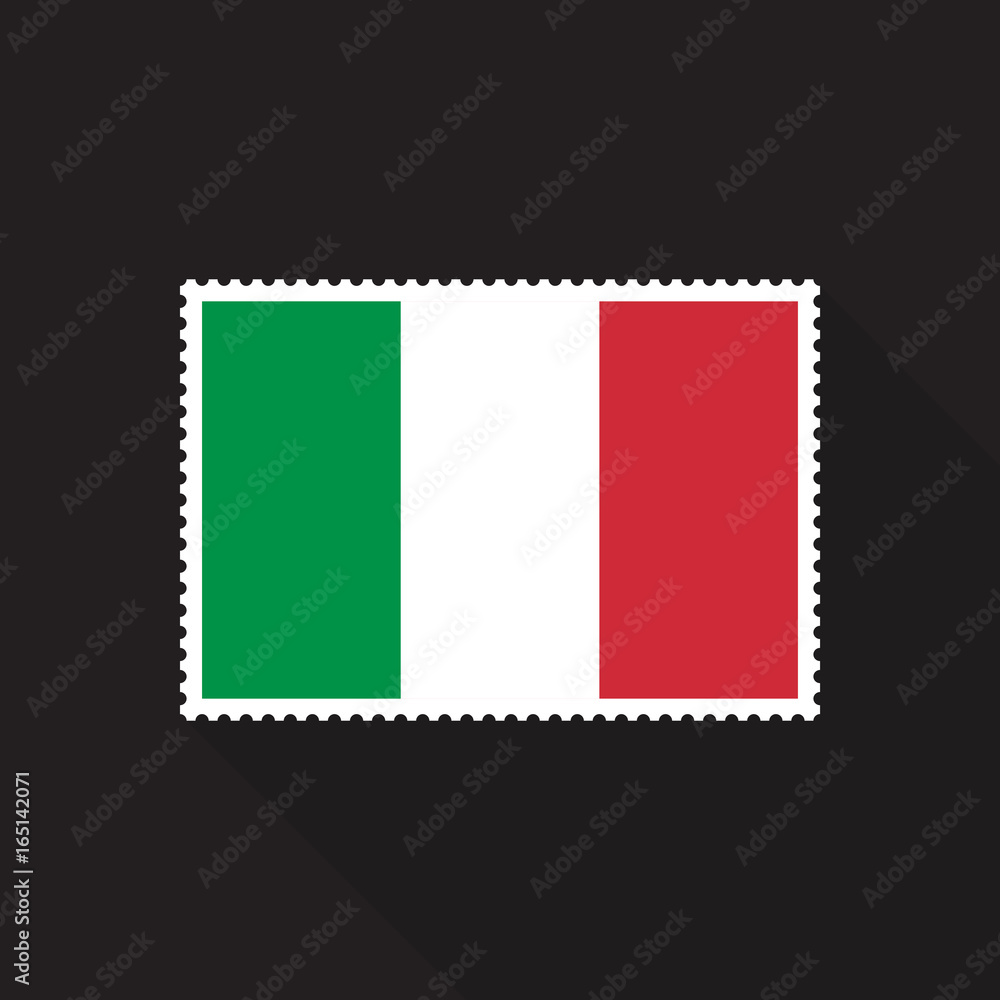 Italy flag postage stamp with long shadow on blue background, flat design style. Vector illustration eps 10.