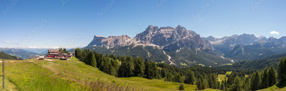 Fantastic landscape on the Dolomites. View on the peaks Sas Crusc, Lavarela and Conturines. Place is Alta Badia, Sud Tirol, Italy