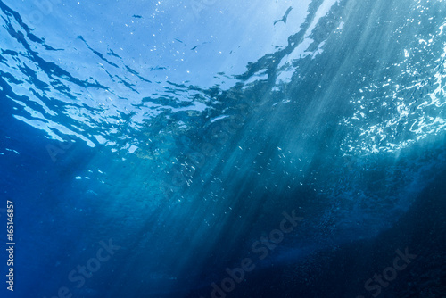 Promienie słoneczne wpadające do morza, podwodny widok