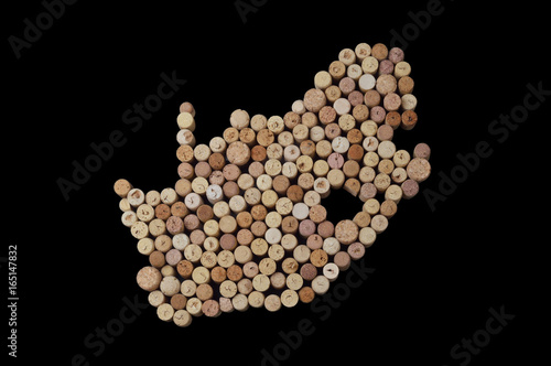 Countries winemakers - maps from wine corks. Map of South Africa on black background. Clipping path included.