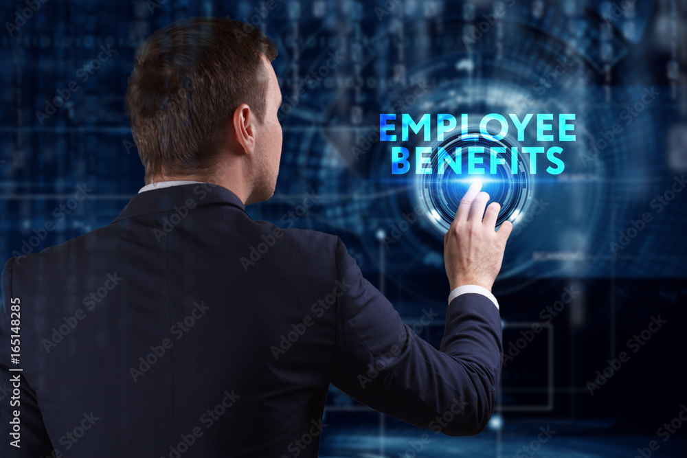 Business, Technology, Internet and network concept. Young businessman working on a virtual screen of the future and sees the inscription: Employee benefits Business, Technology, Internet and network concept. Young businessman working on a virtual screen of the future and sees the inscription: Employee benefits