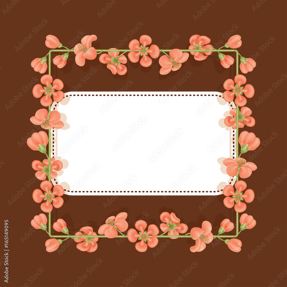 Card with a floral print with place for text. Square frame of quince flowers. Template for greetings or invitations. Card with a floral print with place for text. Square frame of quince flowers. Template for greetings or invitations.