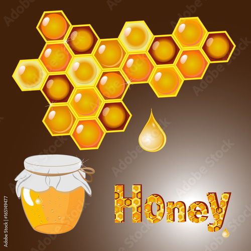 Honey. A jar of honey and honeycomb on a dark background. Vector