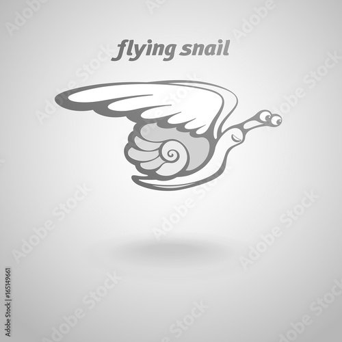 Funny flying snail with wings. Conceptual metaphor. Flight of shelled slug means a swift level up, speedy delivery of message, embodiment of cherished dream. Gray logo floating over light background.