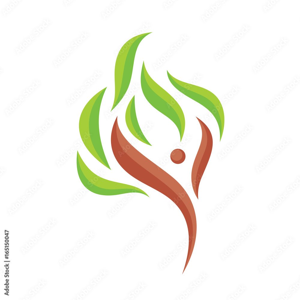 Abstract human character with green leaves - vector logo template illustration. Tree abstraction sign. Nature concept symbol. Design element. Abstract human character with green leaves - vector logo template illustration. Tree abstraction sign. Nature concept symbol. Design element.