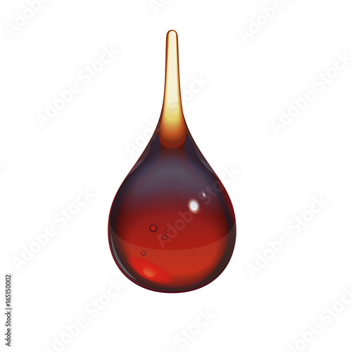 Realistic drop of black tea. Reddish brown diaphanous droplet of a strong brewed invigorating drink. Vector 3d isolated object. Useful for advertising of tea, cola, juice, dark beer, liquor, tincture.