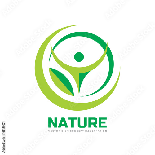 Nature - vector logo template concept illustration in flat style. Abstract shapes. Green leaf and human character silhouette creative sign. Biotechnology symbol. Design element. 