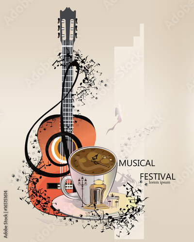 Abstract musical background with a guitar and treble clef, notes and a cup of coffee.