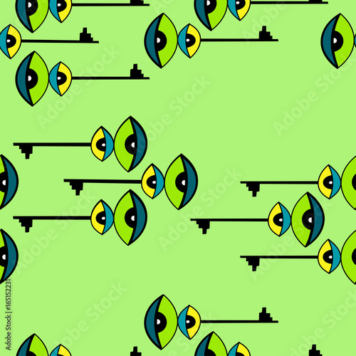 eye and key cartoon seamless pattern in green