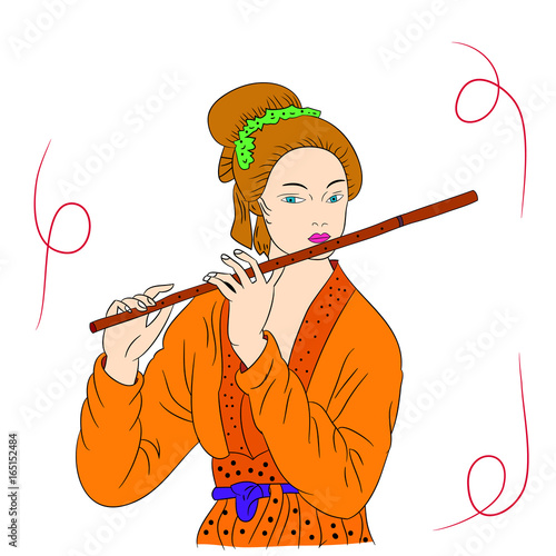 Asian woman is playing the flute . Oriental style painting. Hand drawing illustration with beautiful oriental woman. Vector isolated on white background.