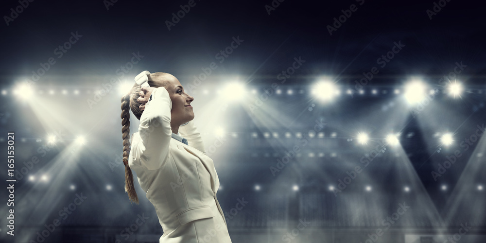 Woman wearing white headphones. Mixed media Woman wearing white headphones. Mixed media