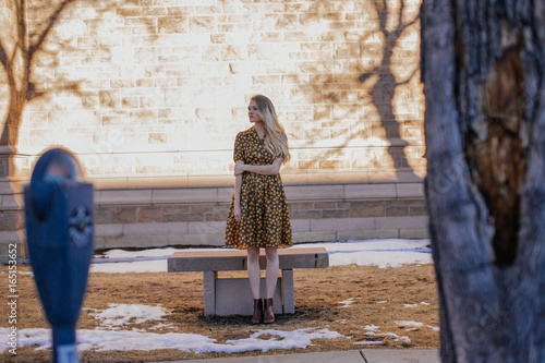 Beautiful Girl in Vintage Dress Waiting by a Bench photo