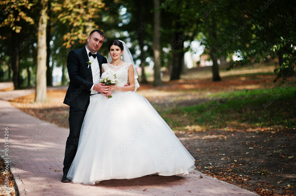 Amazing young gorgeous newly married couple taking a walk in the park on their wedding day.