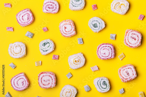 Assortment of Turkish Delight on yellow background