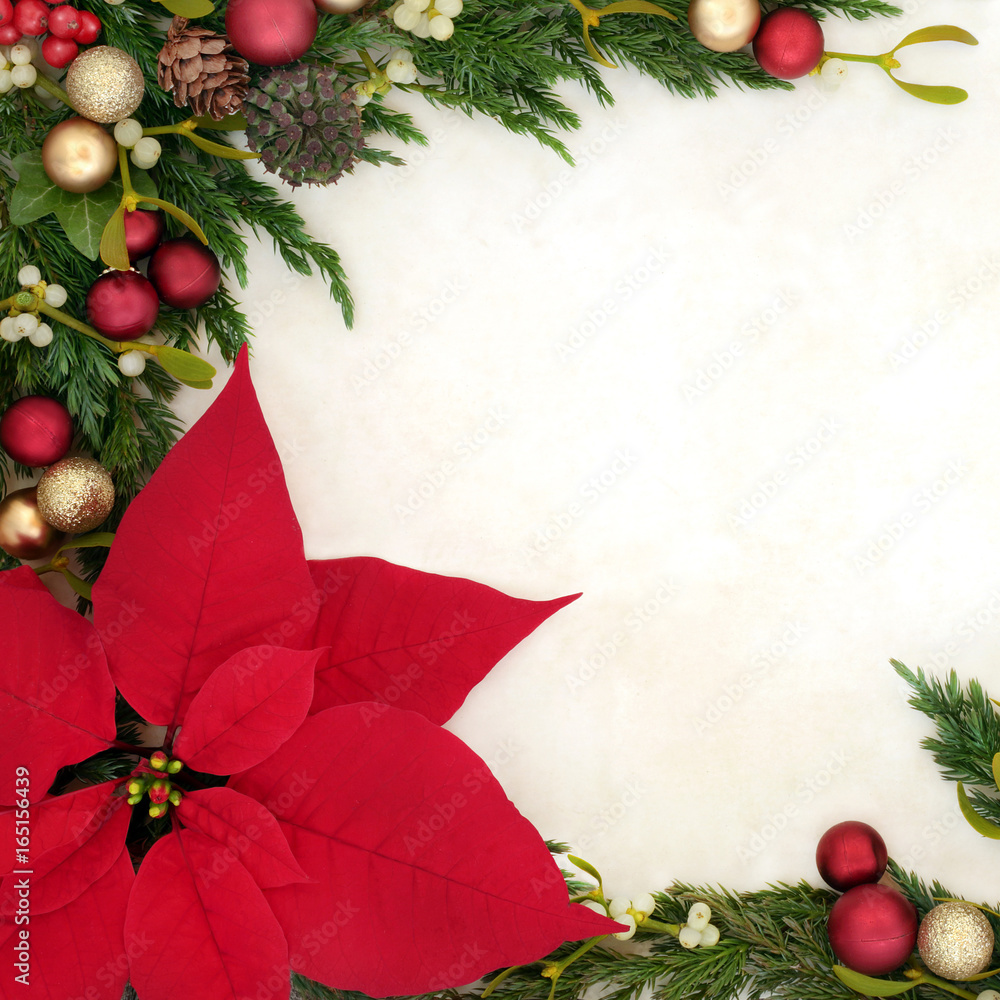 Christmas decorative background border on parchment paper with red